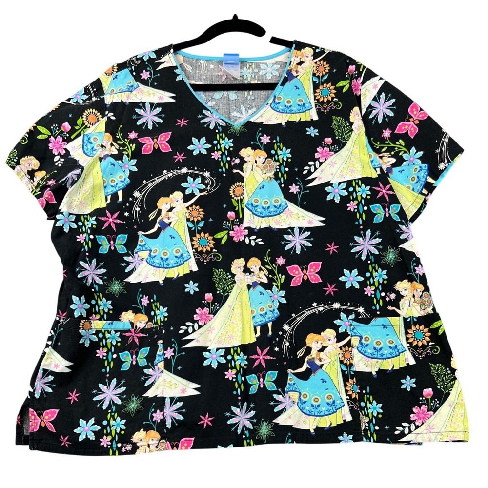 Disney Frozen Scrub Top Women 2XL Black Anna Elsa V-Neck Medical Uniform Good
